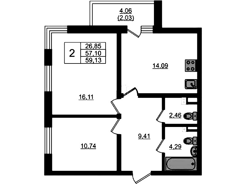 2-комнатная квартира 59.13 м², 2/4 эт., ЖК «Новая история»